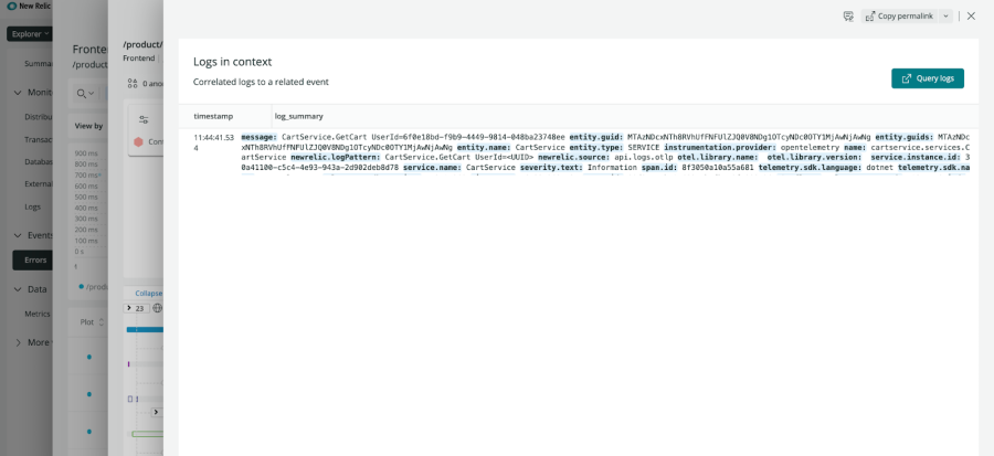 User interface for logs in context