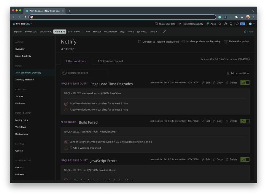 Dashboard of Netlify alerts in New Relic One