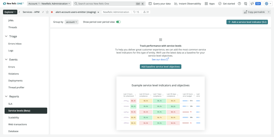 Screen shot of Reports > Service Levels screen with Add baseline service level objectives button