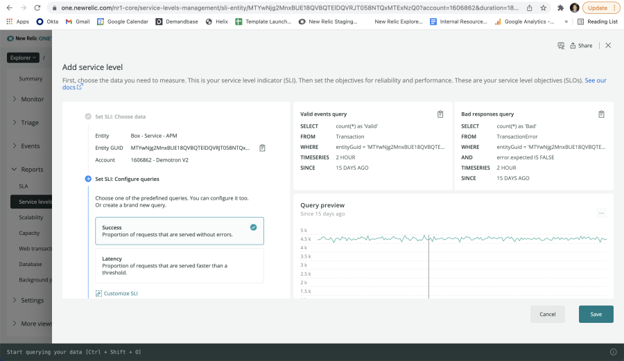 Screen shot of guided service level recommendations in New Relic