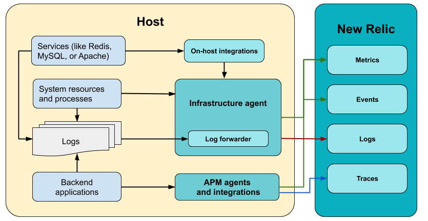 Graphic shows how services, New Relic agents, and New Relic interact