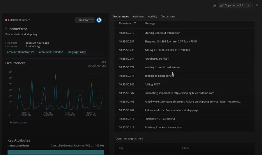 Screenshot zu New Relic Errors Inbox, geöffnet direkt in der IDE, mit Logs, deren Attribute sich prüfen lassen, um eine fehlerursächliche Abfrage zu identifizieren