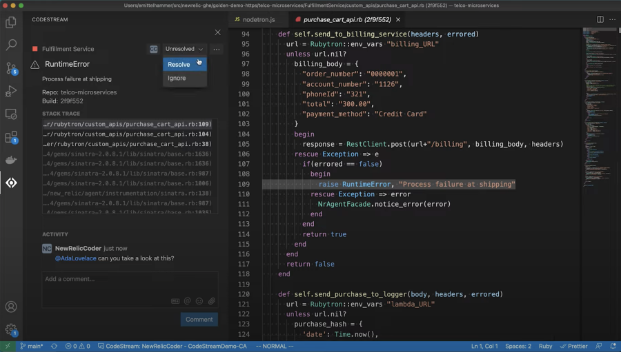 Screenshot of resolving an error with New Relic Codestream