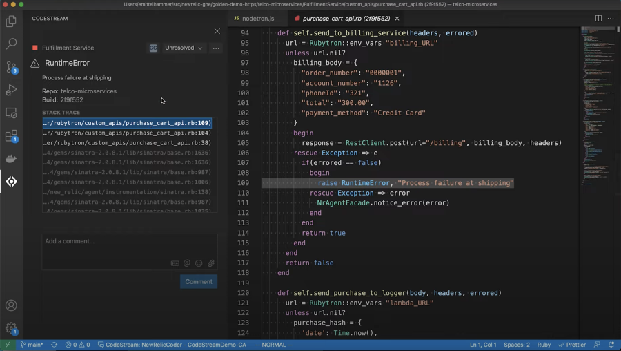 Capture d'écran de New Relic CodeStream en cliquant sur la trace de stack pour identifier la ligne de code qui entraîne le problème