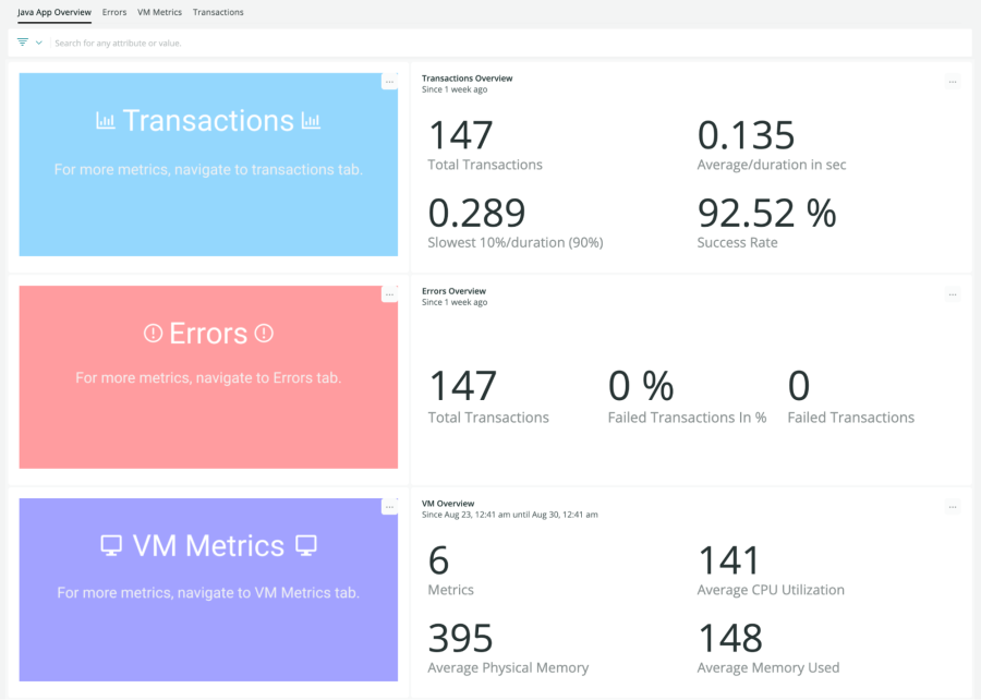 Dashboard shows transactions, errors, and VM metrics.