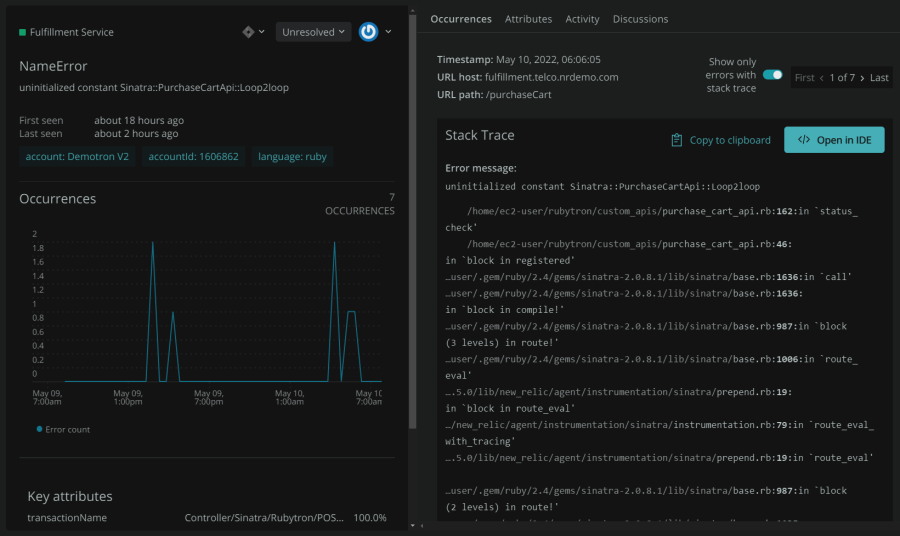 Errors inbox shows visualization of error occurrence and stack trace