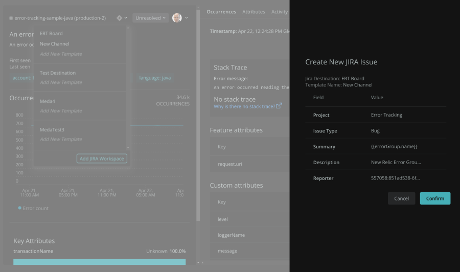 Pane shows menu for creating a new JIRA issue.