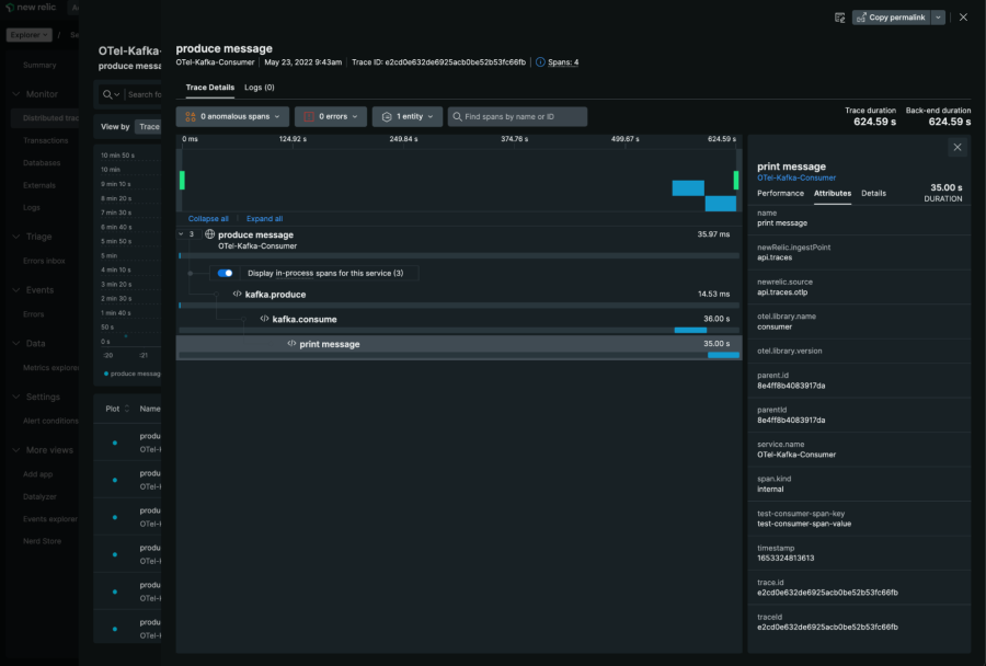 Kafka Otel traces in a New Relic dashboard