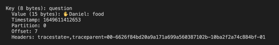 Image of key-value pairs in the command line. The headers key includes a value with tracestate and traceparent.