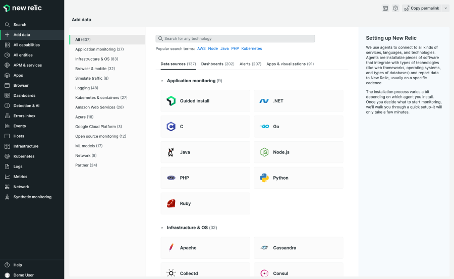 Capture d'écran de l'option <strong>Add data</strong> dans l'interface remaniée de New Relic affichant : Application monitoring, Infrastructure & OS, Browser & mobile, Simulate traffic, Logging, Kubernetes & containers, Amazon Web Services, Azure, Google Cloud Platform, Open source monitoring, ML models, Network, Partner.