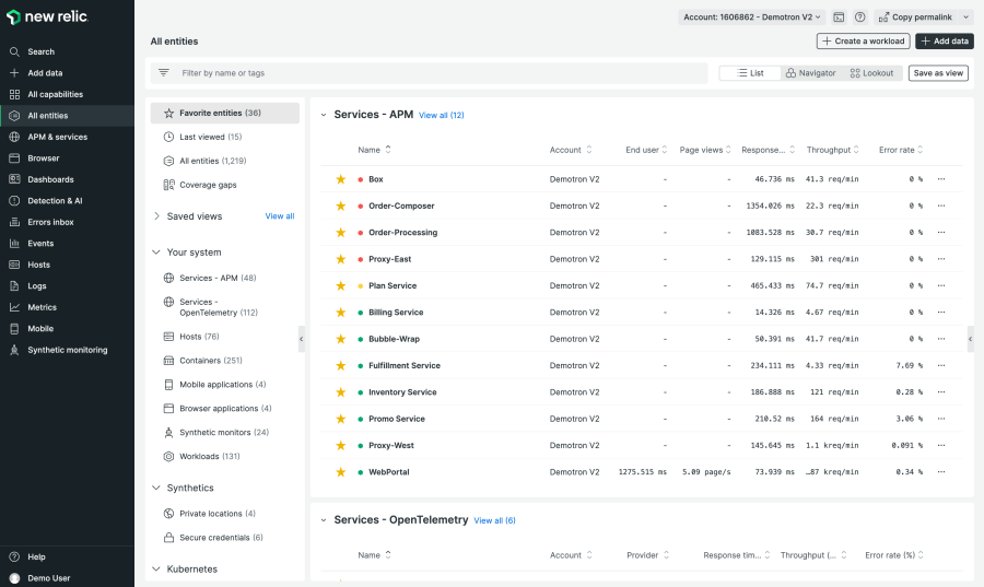 Capture de l'écran All entities dans l'interface remaniée de New Relic affichant : Services - APM, Services - OpenTelemetry, Hosts, Containers, Mobile applications, Browser applications, Synthetic monitors, Workloads, Private locations, Secure credentials, et plus encore.