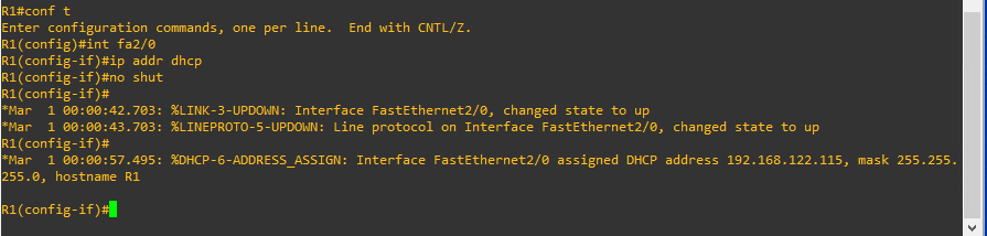 Console message shows the IP address of the ethernet interface.