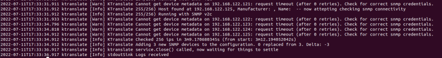 Console says: Ktranslate Adding 3 new SNMP devices.