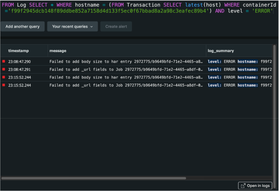 Screenshot zu NRQL-Unterabfragen: Analysen für Verbindungen zwischen Transaktionen und Logs