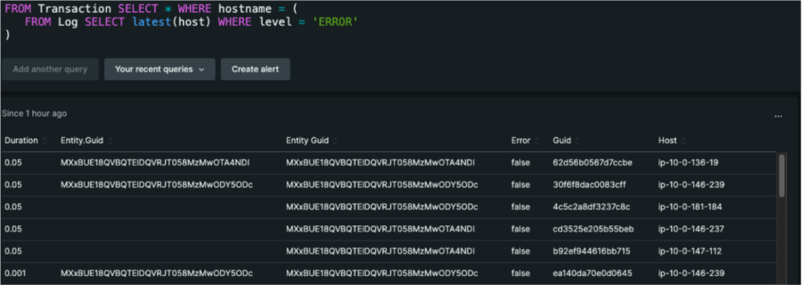 Screenshot zu NRQL-Unterabfragen: Abruf von Transaktionen aus Hosts mit Log-Fehlern