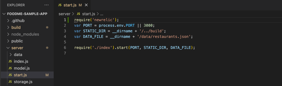 VSCode screenshot of the start.js code snippet