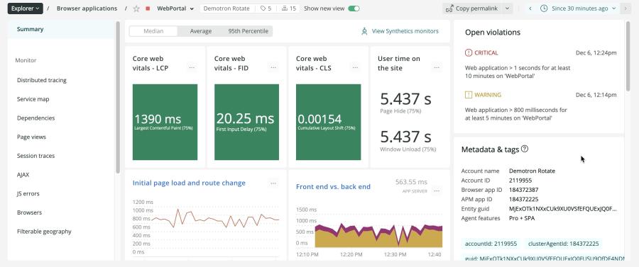 Screenshot of New Relic browser monitoring dashboard