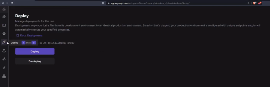 Capture d'écran du déploiement d'un Lair WayScript vers la phase de production