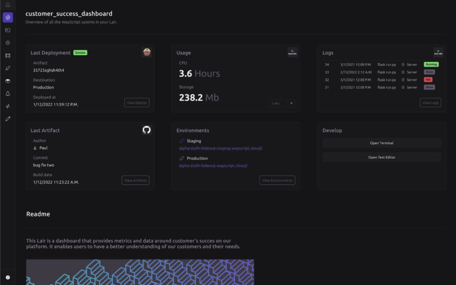 Screenshot der WayScript UI, der einen Lair zeigt, eine flexible Dev-Umgebung einschließlich Cron Scheduler, Terminal, IDE und Endpunkt-Konfiguration