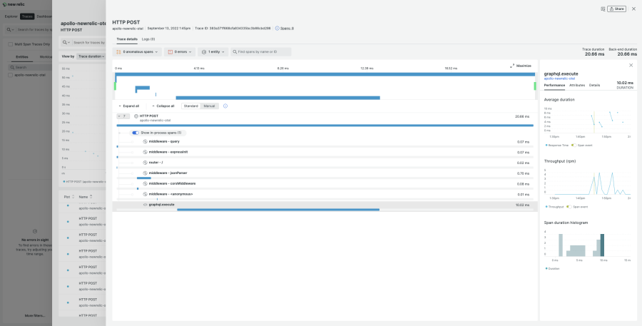 Trace view shows spans with detail information about each span, including its statistics and related data.