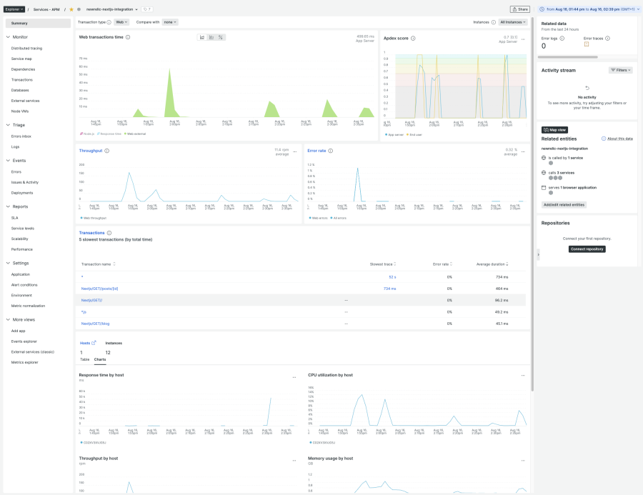 New Relic UI - APM Node agent telemetry summary view,