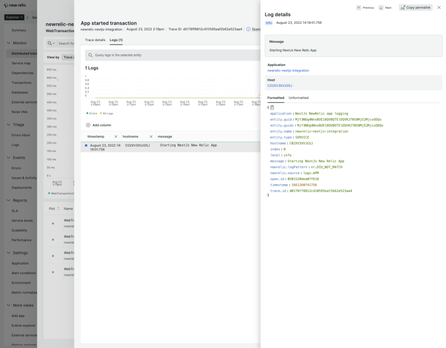 New Relic UI - Transaction + Log correlation