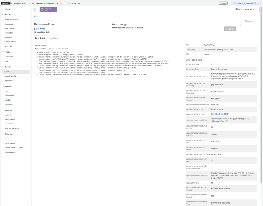 New Relic UI - APM Node agent error details view