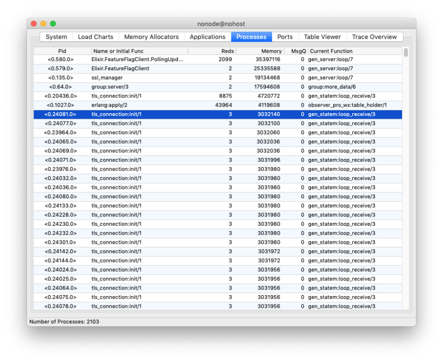 List of processes with a TLS connection and its memory use highlighted.