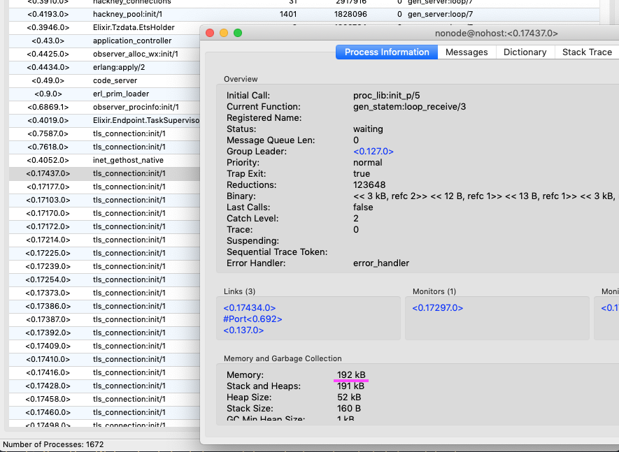 Process information for a TLS process now shows that much less memory is being used on the process.