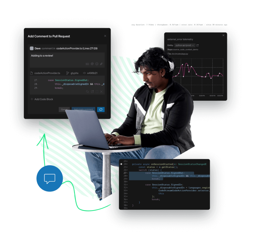 Developer working with Screens of code-level metrics, observability section and PR integration.