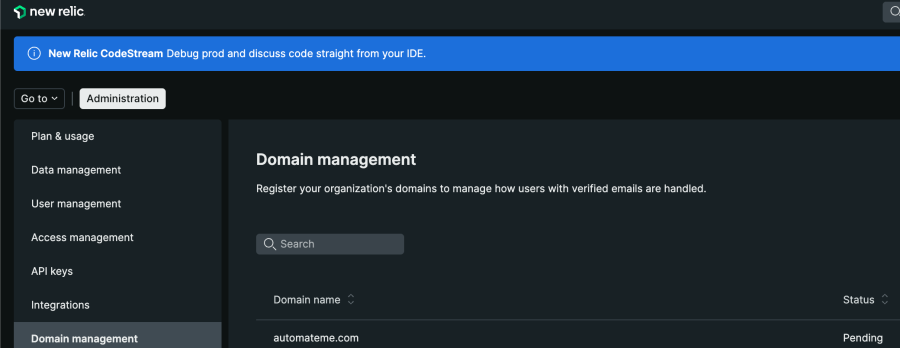 Domain management UI within New Relic