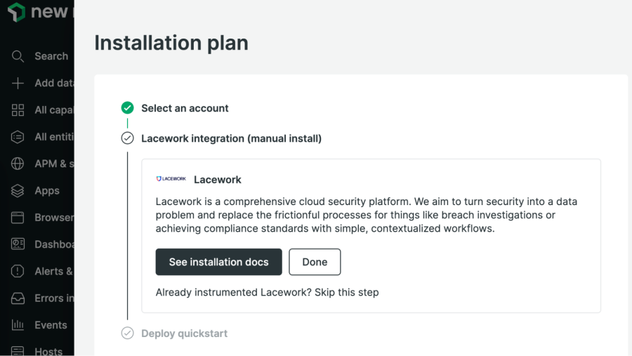 Installation plan in New Relic shows option to integrate Lacework cloud security platform.