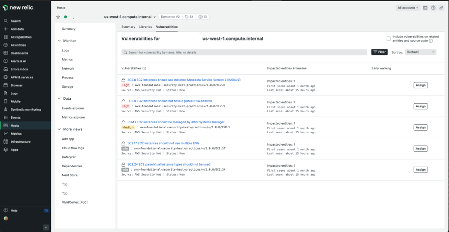 New Relic dashboard shows vulnerabilities in EC2 instances.