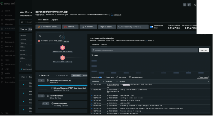 Dashboard New Relic montrant les logs pour une transaction spécifique.