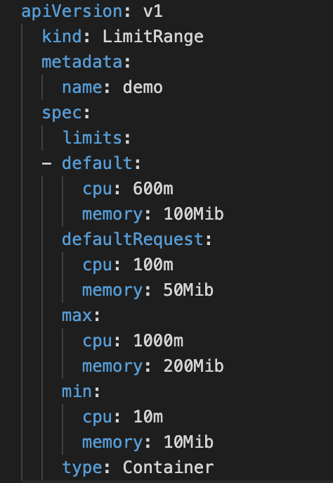 screenshot of a LimitRange example in Kubernetes