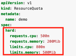 쿠버네티스 리소스 할당량 정의 예시 스크린샷