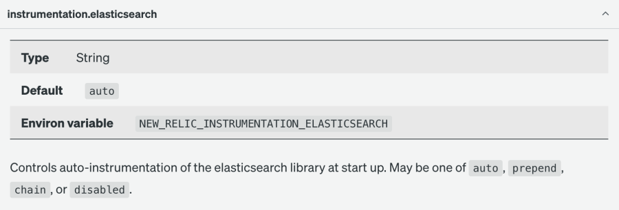 New RelicのRubyエージェントのthe instrumentation.elasticsearch設定ドキュメントのスクリーンショット設定オプション。