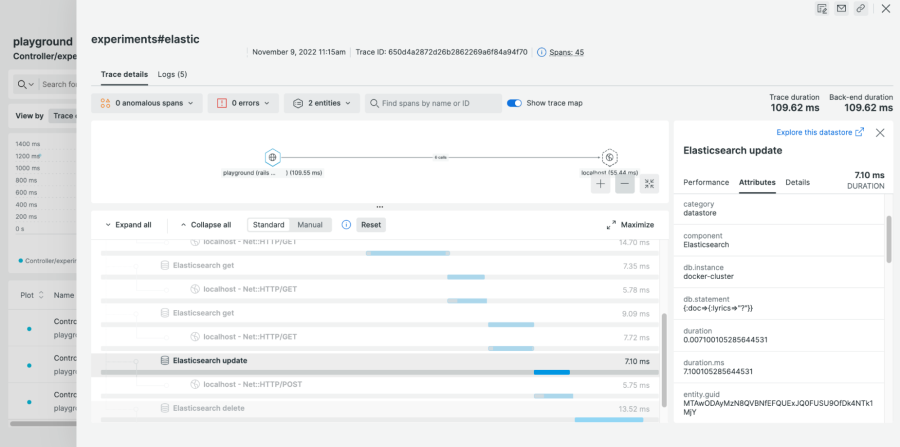 クラスタ名のdb.instance属性やクエリパラメーターのdb.statementなど、Elasticsearchのアップデートスパンに記録された属性のスクリーンショット。