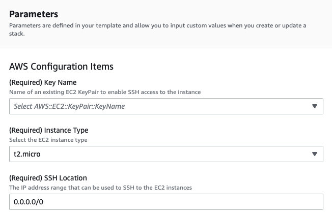 Screenshot der Parameters-Ansicht und Beispiel für AWS Konfigurationselemente für CloudFormation