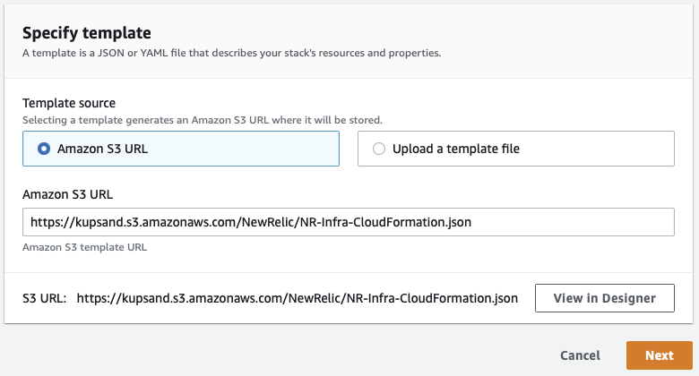 CloudFormation-Screenshot mit Menü für „Specify Template“