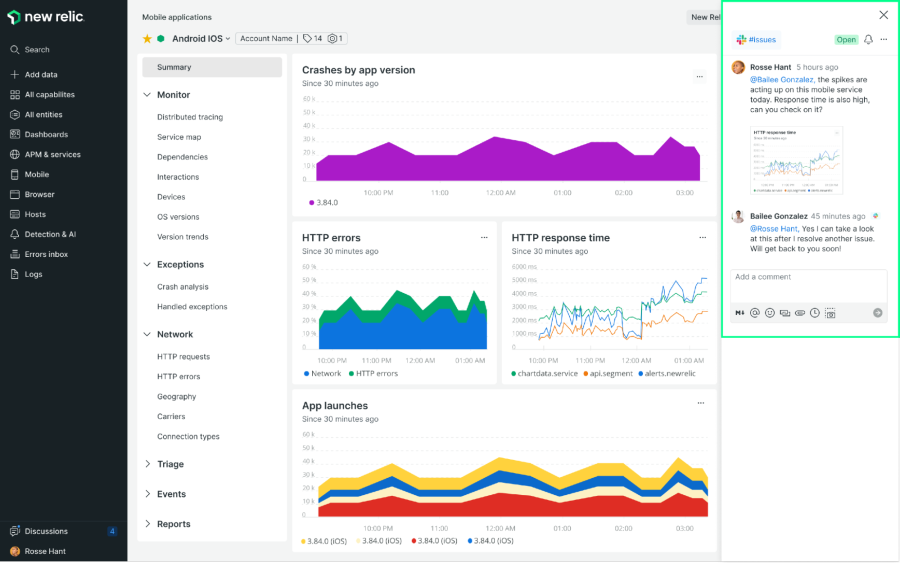 New Relic dashboard with a discussion next to data visualizations.