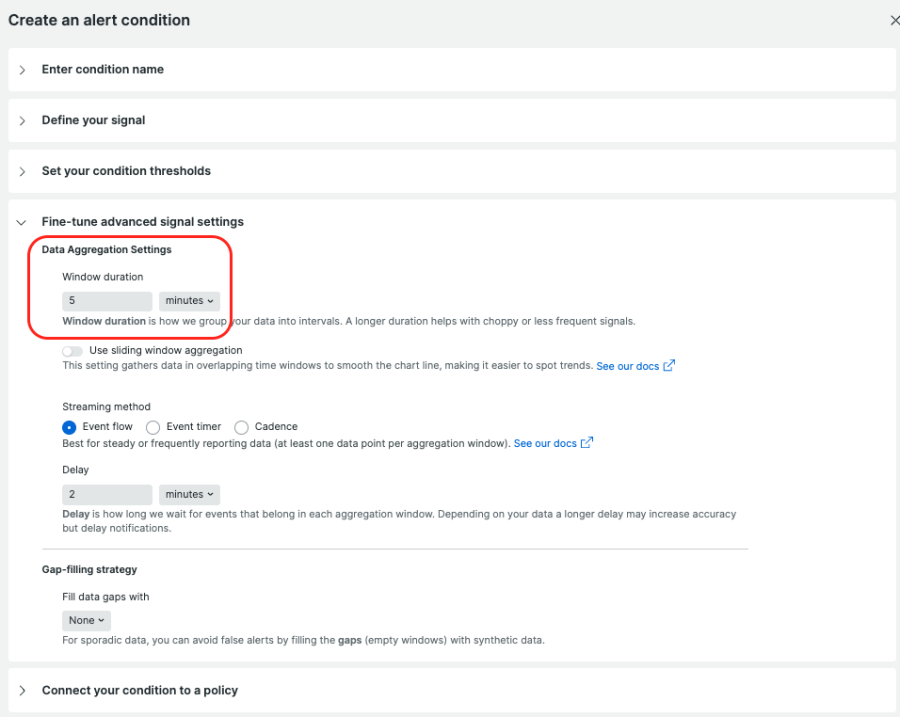Capture d'écran des paramètres d'agrégation pour la création d'une condition d’alerte dans New Relic