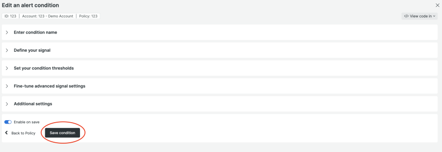Capture de l'écran Edit an alert condition > Save condition dans New Relic