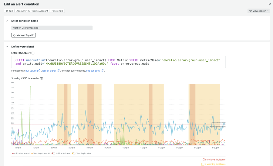 Screenshot, der die UI zu „Edit an alert condition“ in New Relic zeigt