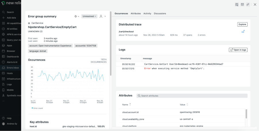 Capture d'écran du résumé du groupe d'erreurs et des traces dans New Relic Errors Inbox