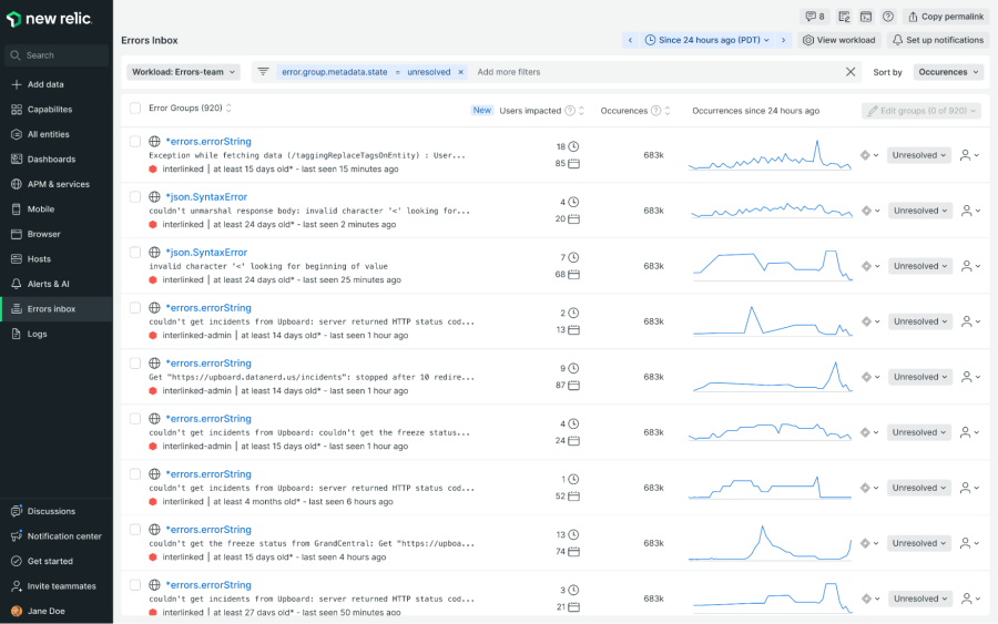 Capture d'écran d'Errors Inbox avec les utilisateurs impactés