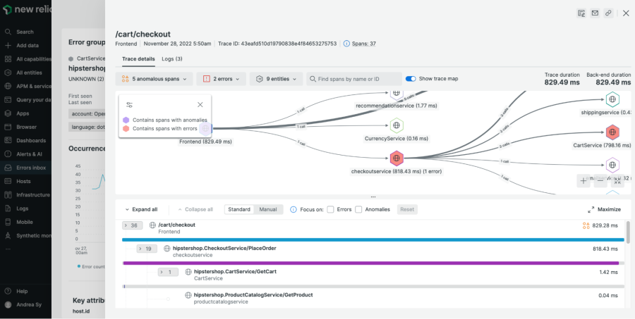 Capture d'écran des détails de traces dans New Relic Errors Inbox