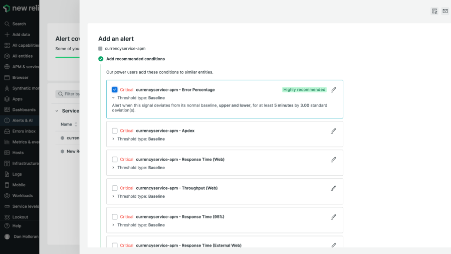 New Relic alerts product capability screen capture 