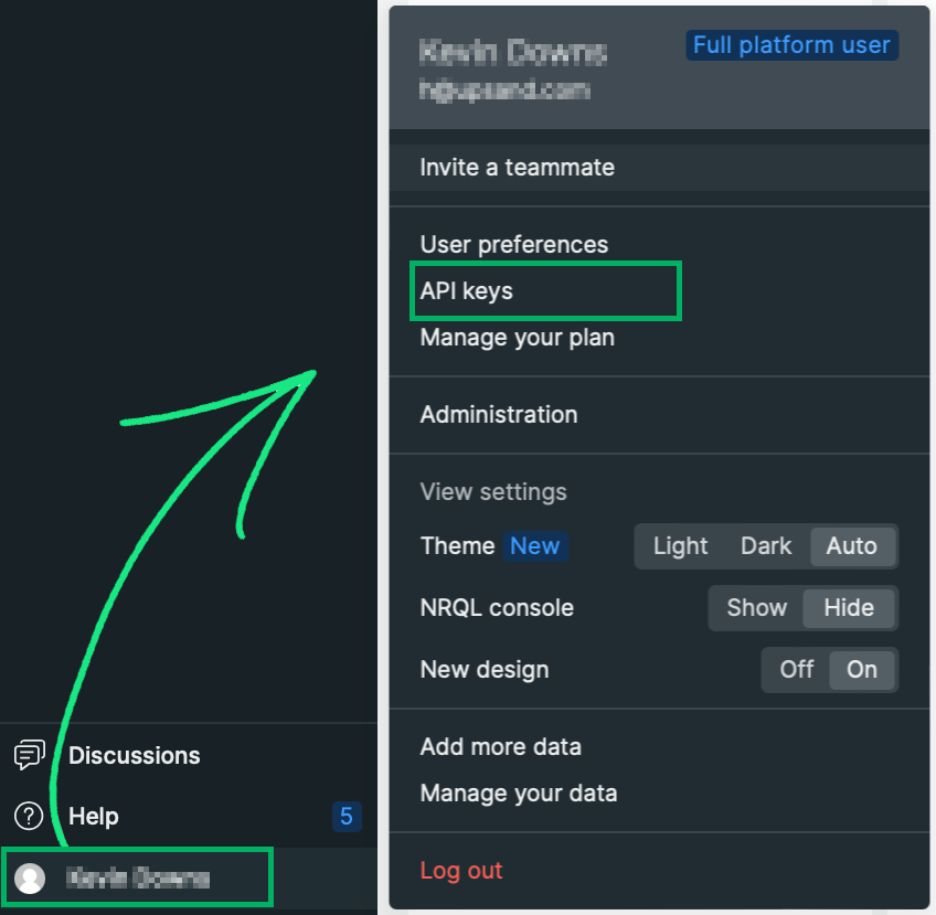 Screenshot des New Relic Kontomenüs mit Hervorhebung der Option „API keys“