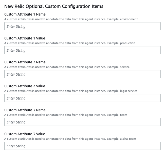 Screenshot of New Relic optional custom configuration items page